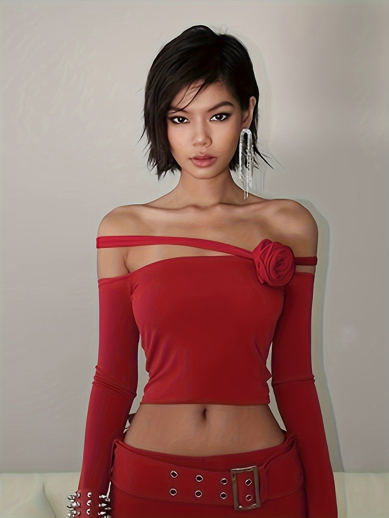 vlovelaw  Solid Off Shoulder Stereo Flower T-shirt, Y2K Long Sleeve Asymmetric Sexy Top, Women's Clothing