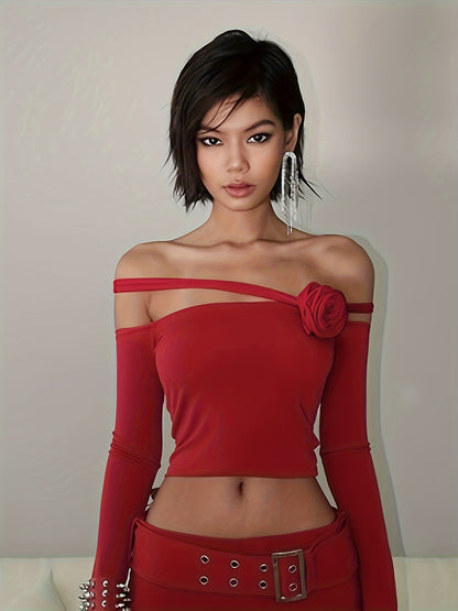 vlovelaw  Solid Off Shoulder Stereo Flower T-shirt, Y2K Long Sleeve Asymmetric Sexy Top, Women's Clothing