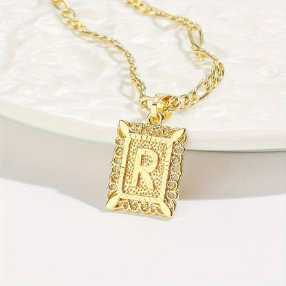 18K Gold Plated Square Monogram Pendant Necklace - Fashionable Personalized Alphabet Letter A-Z Figaro Chain Necklace for Men and Women - Copper Material, No Magnetic, No Mosaic, Plating-Free, Stylish Jewelry for Any Occasion