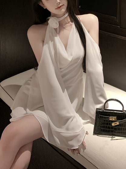 vlovelaw  Solid Cowl Neck Tied Halter Dress, Elegant Long Sleeve Backless Flowy Stylish Dress, Women's Clothing