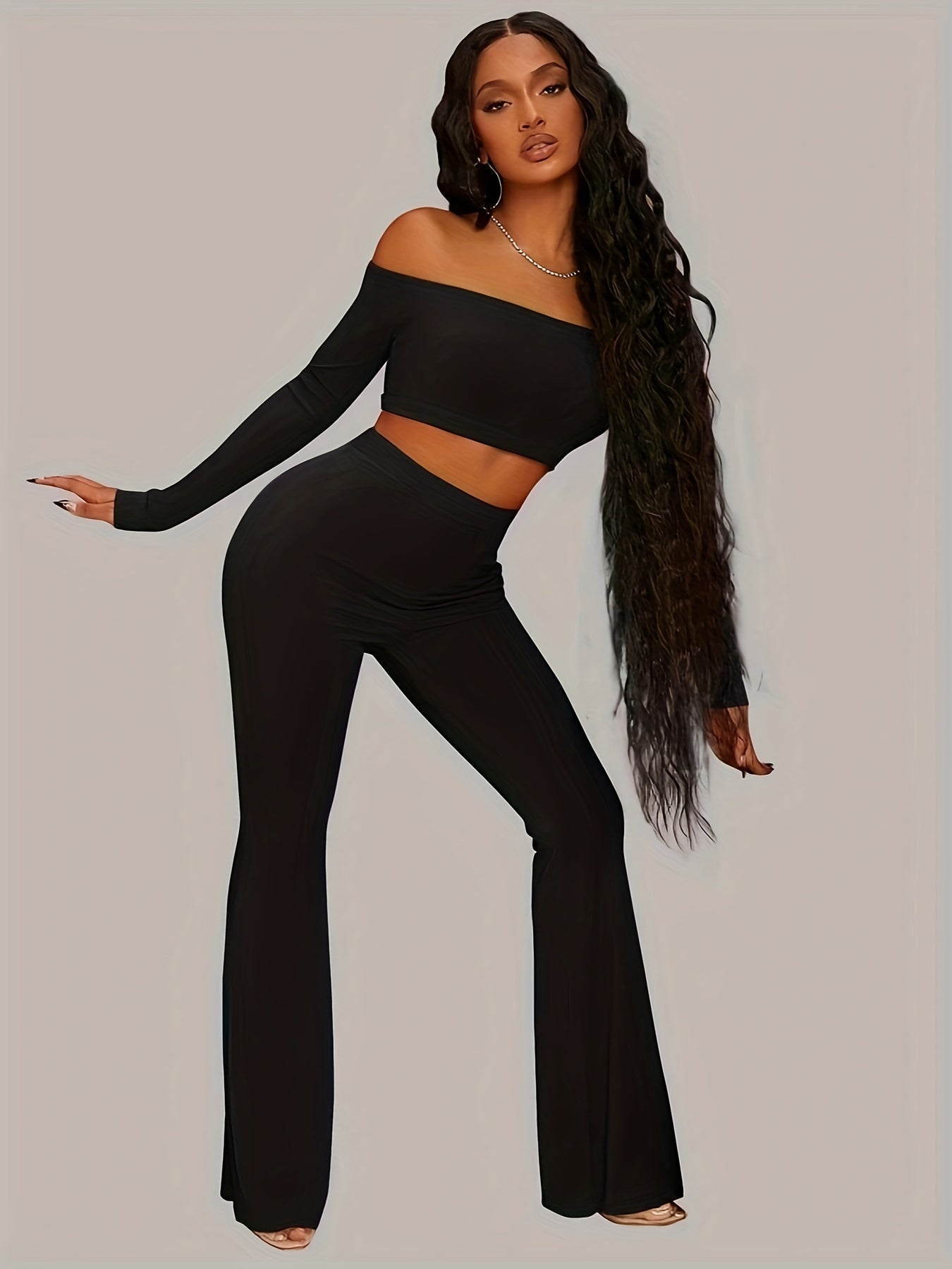 vlovelaw  Solid Casual Two-piece Set, Off Shoulder Long Sleeve Top & Flare Leg Pants Outfits, Women's Clothing