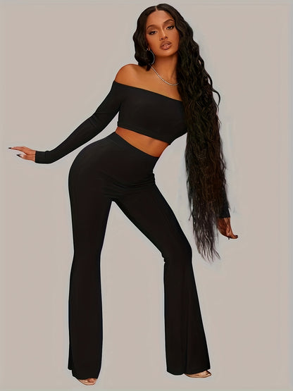 vlovelaw  Solid Casual Two-piece Set, Off Shoulder Long Sleeve Top & Flare Leg Pants Outfits, Women's Clothing
