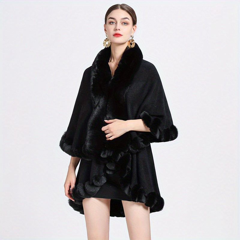 Mature Faux Fur Collar Shawl Solid Color Thickened Imitation Fox Fur Warm Large Cape Cardigan Women's Autumn Winter Outside Warm Coat Shawl