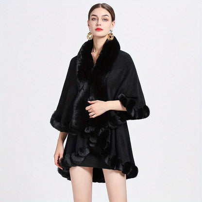 Mature Faux Fur Collar Shawl Solid Color Thickened Imitation Fox Fur Warm Large Cape Cardigan Women's Autumn Winter Outside Warm Coat Shawl