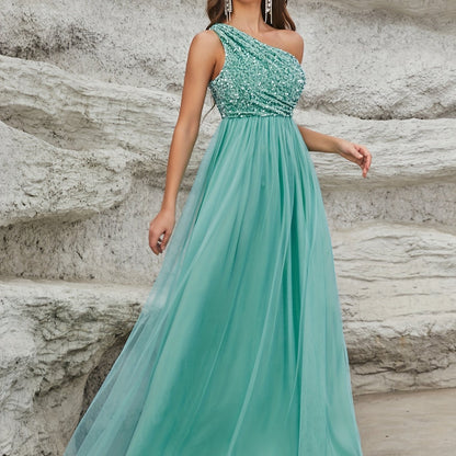 vlovelaw  One Shoulder Sequin Dress, Elegant Sleeveless Dress For Party & Banquet, Women's Clothing