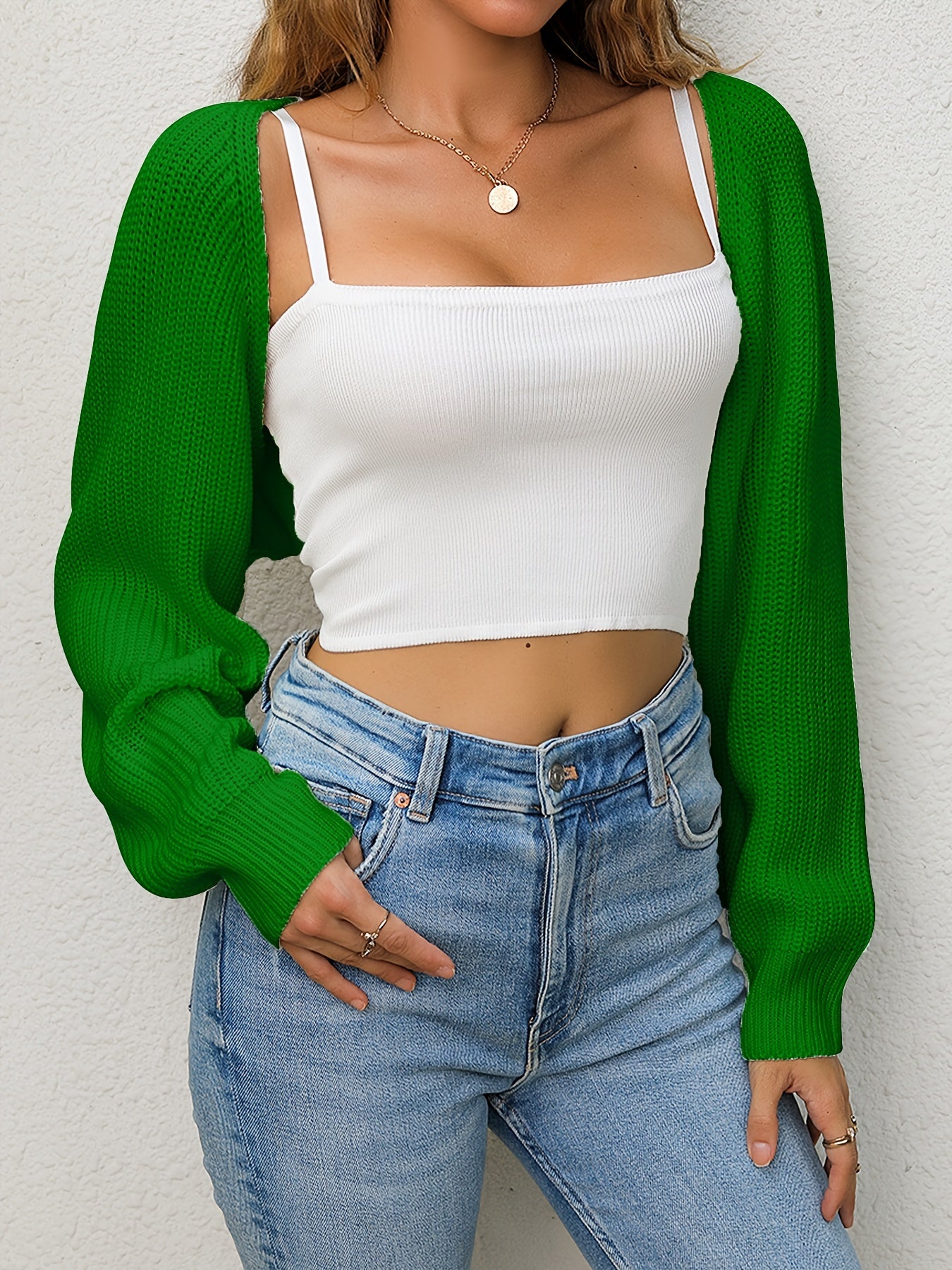vlovelaw Solid Loose Crop Cardigan, Casual Long Sleeve Cardigan For Spring & Fall, Women's Clothing