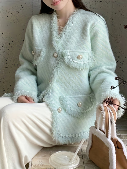 vlovelaw Solid Button Front Tassel Cardigan, Elegant Long Sleeve Drop Shoulder Outwear, Women's Clothing