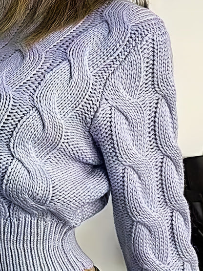 vlovelaw  Solid Crew Neck Cable Knit Sweater, Casual Long Sleeve Crop Pullover Sweater, Women's Clothing
