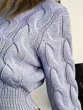 vlovelaw  Solid Crew Neck Cable Knit Sweater, Casual Long Sleeve Crop Pullover Sweater, Women's Clothing