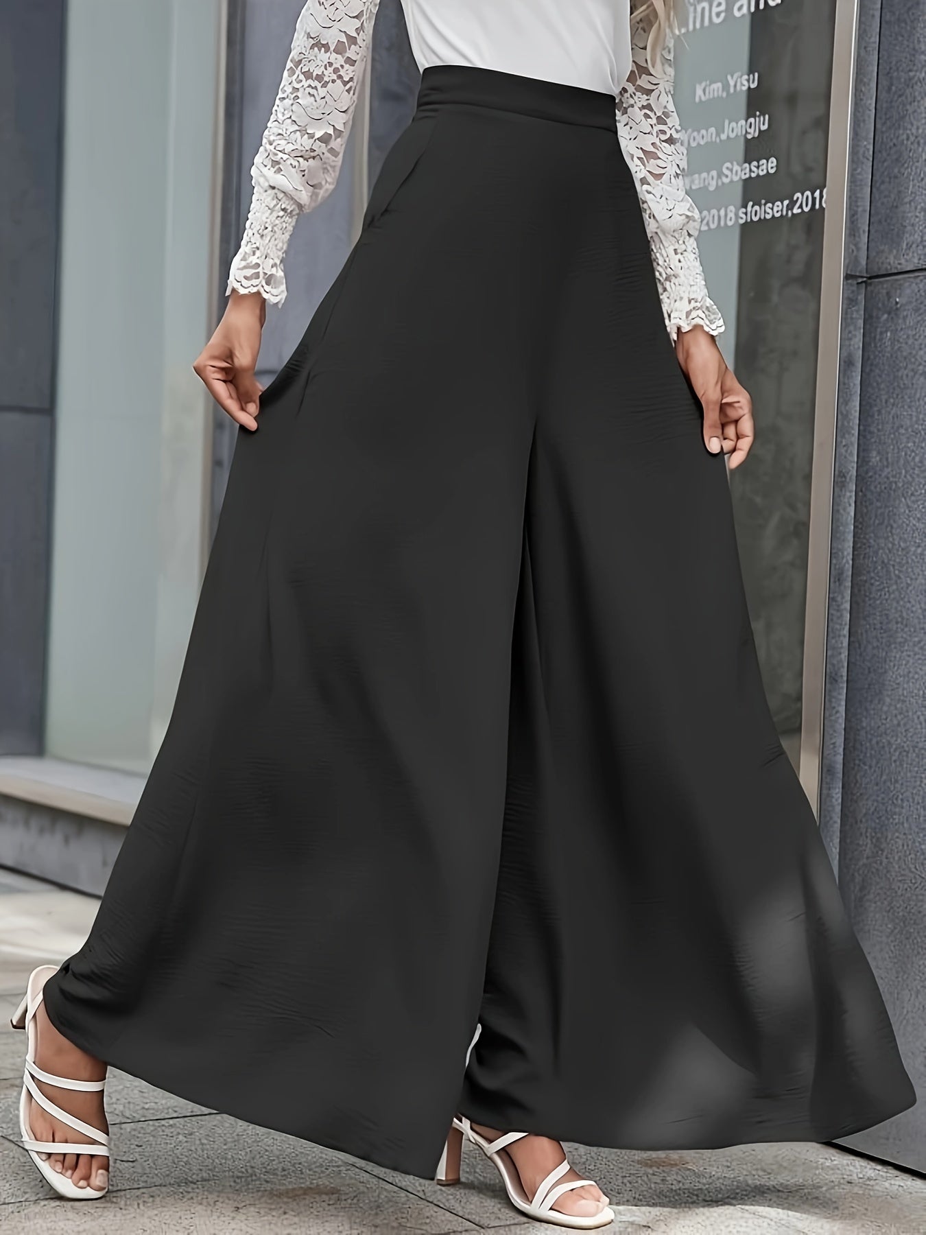 vlovelaw  Solid High Waist Wide Leg Pants, Casual Floor Length Slant Pocket Pants, Women's Clothing