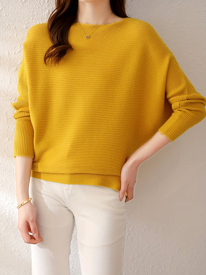 Solid Batwing Sleeve Knit Sweater, Casual Boat Neck Sweater For Spring & Fall, Women's Clothing