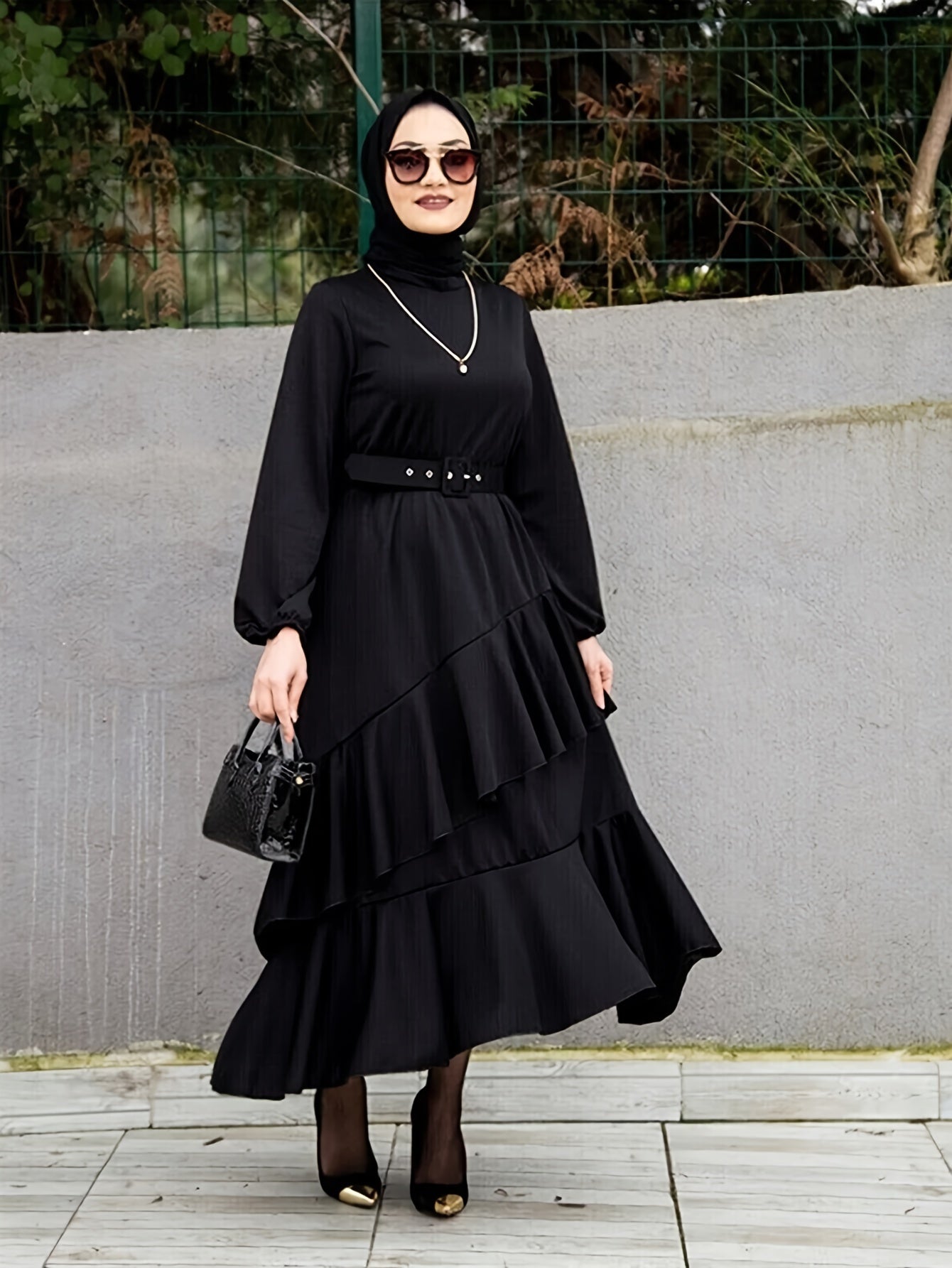 Layered Ruffle Hem Solid Dress, Elegant Long Sleeve Dress For Spring & Fall, Women's Clothing