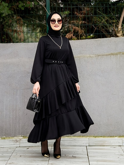 Layered Ruffle Hem Solid Dress, Elegant Long Sleeve Dress For Spring & Fall, Women's Clothing