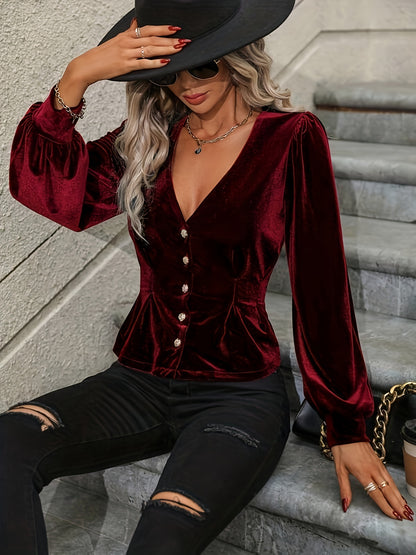 vlovelaw  Solid Button Decor Velvet V-neck Blouse, Vintage Lantern Sleeve Blouse For Spring & Fall, Women's Clothing