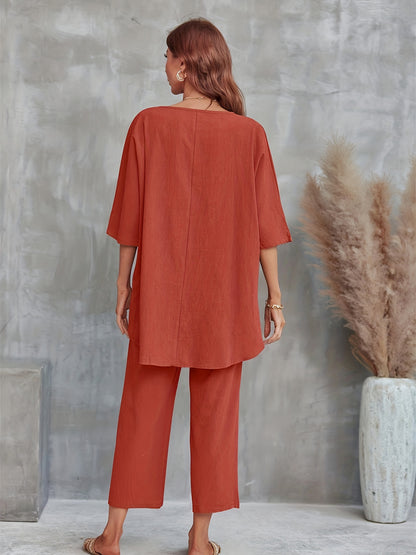vlovelaw  Solid Casual Two-piece Set, Crew Neck Half Sleeve Tee & Wide Leg Pants Outfits, Women's Clothing