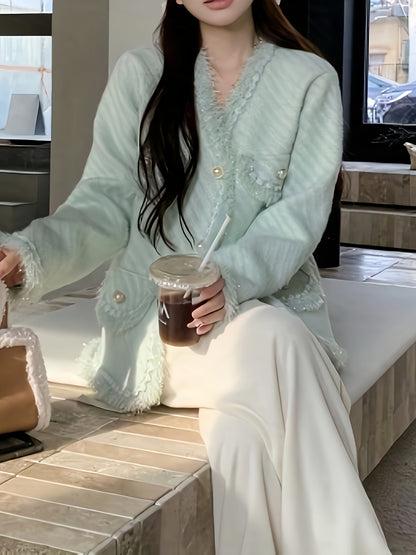 vlovelaw Solid Button Front Tassel Cardigan, Elegant Long Sleeve Drop Shoulder Outwear, Women's Clothing