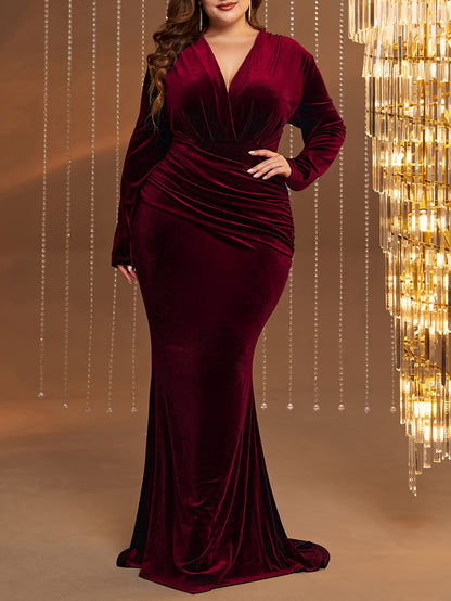 vlovelaw Plus Size Solid Ruched Brush Train Dress, Elegant V Neck Long Sleeve Dress For Party & Banquet, Women's Plus Size Clothing