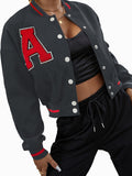 vlovelaw  Alphabets Varsity Jacket, Casual Crop Button Front Jacket, Women's Clothing