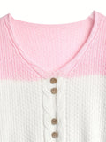 vlovelaw Color Block V Neck Pullover Sweater, Casual Long Sleeve Button Sweater, Women's Clothing