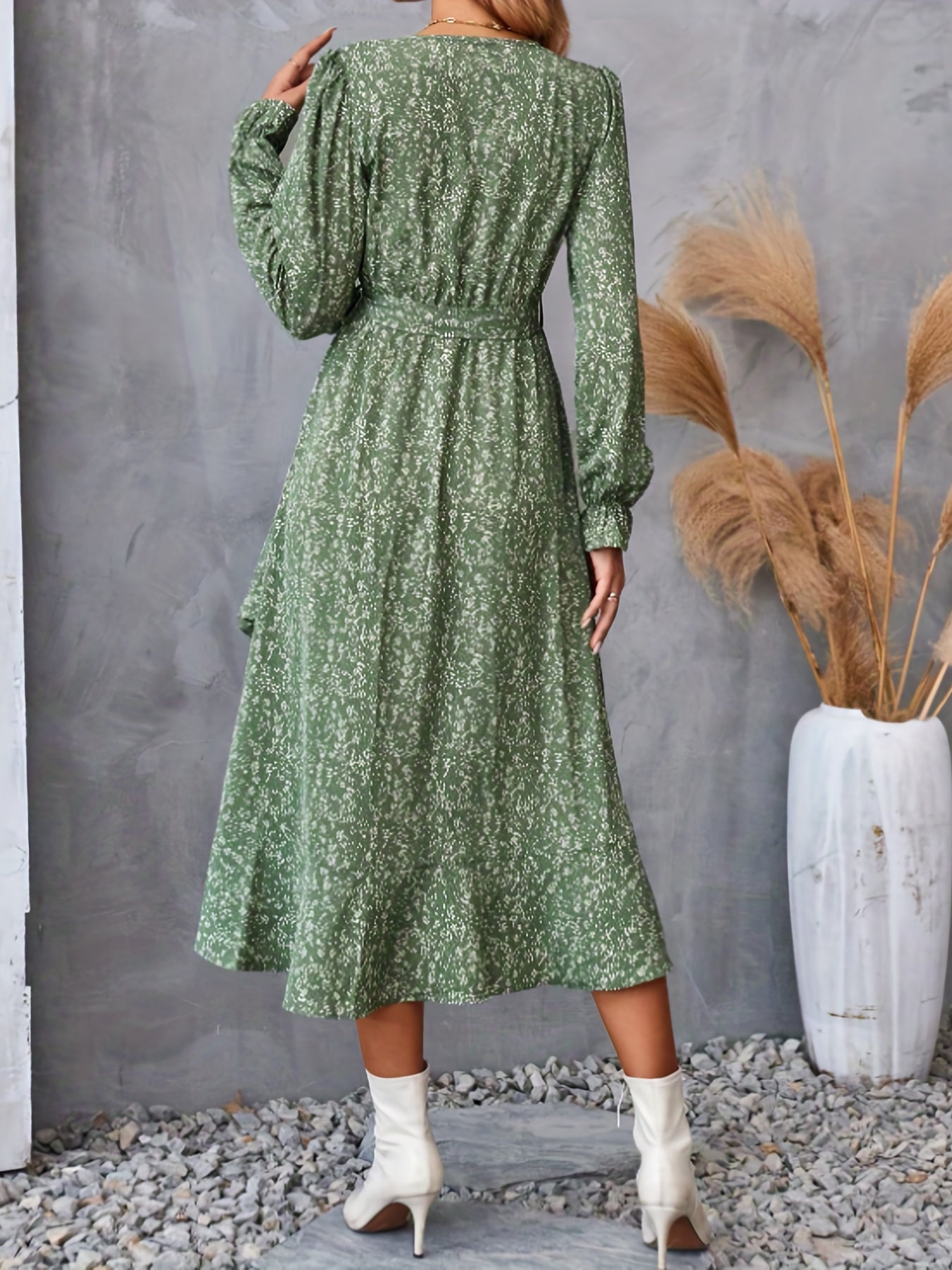 vlovelaw  Floral Print Tie Waist V-neck Dress, Elegant Long Sleeve Asymmetrical Hem Dress, Women's Clothing