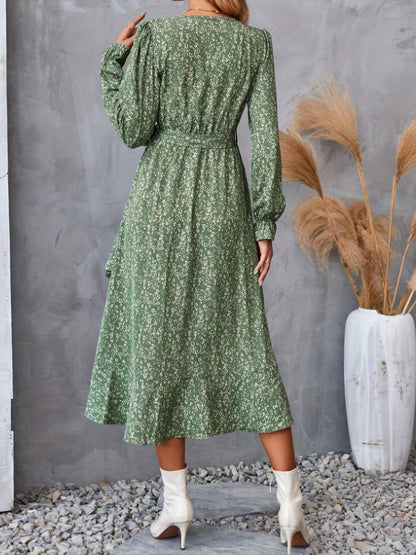 vlovelaw  Floral Print Tie Waist V-neck Dress, Elegant Long Sleeve Asymmetrical Hem Dress, Women's Clothing