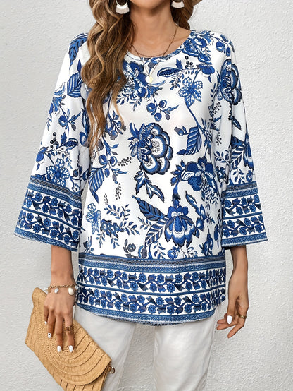 vlovelaw  Blue And White Porcelain Print Blouse, Casual Crew Neck Loose Sleeve Blouse, Women's Clothing