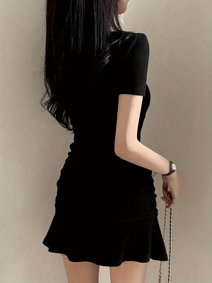 vlovelaw  Solid V Neck A-line Mini Dress, Chic Short Sleeve Dress For Spring & Summer, Women's Clothing