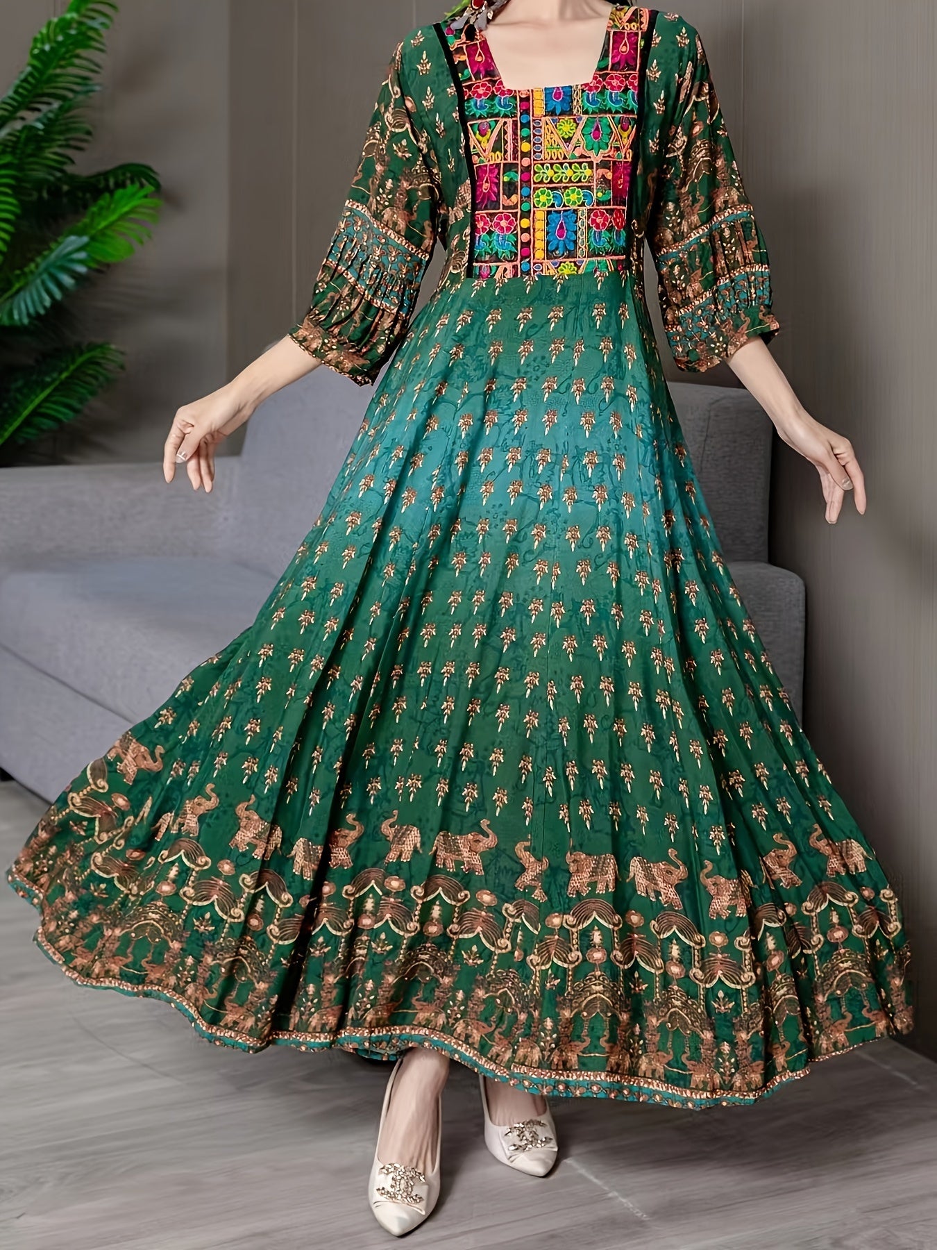 vlovelaw  Ethnic Floral Pattern Maxi Dress, Boho Square Neck 3/4 Sleeve Dress, Women's Clothing