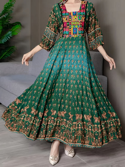 vlovelaw  Ethnic Floral Pattern Maxi Dress, Boho Square Neck 3/4 Sleeve Dress, Women's Clothing