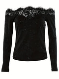 vlovelaw  Contrast Lace Off-shoulder T-Shirt, Casual Long Sleeve Slim Top, Women's Clothing