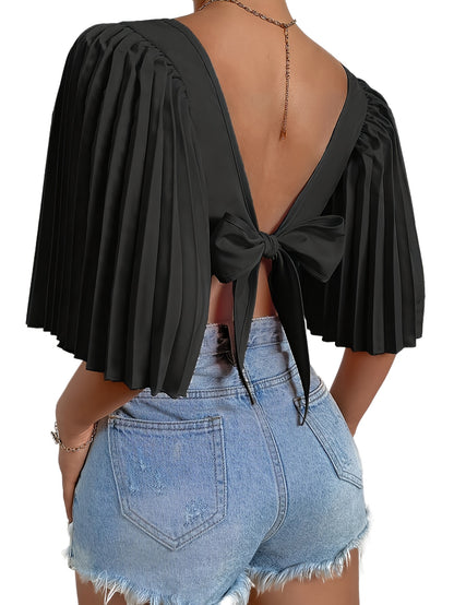 vlovelaw Solid Color Striped Spliced T-shirt, Boho Bustier Tie Back Short Sleeve T-Shirt For Spring & Summer, Women's Clothing