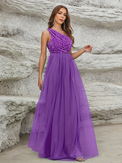 vlovelaw  One Shoulder Sequin Dress, Elegant Sleeveless Dress For Party & Banquet, Women's Clothing