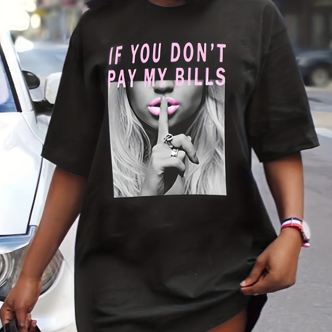 Lips Print Mini Tee Dress, Short Sleeve Crew Neck Casual Dress For Summer & Spring, Women's Clothing