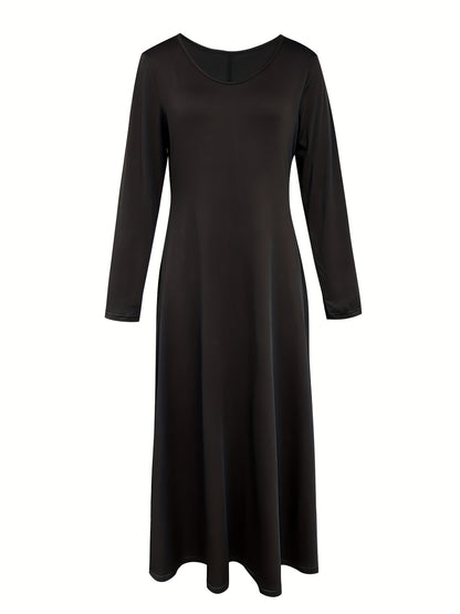 vlovelaw  Solid Pocket Crew Neck Dress, Casual Long Sleeve Dress For Spring & Fall, Women's Clothing