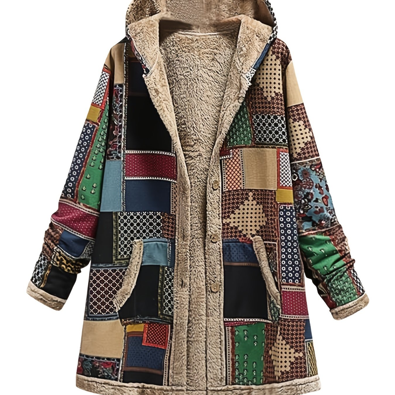 vlovelaw  Retro Patchwork Hooded Jacket, Long Sleeve Button Up Casual Outerwear For Fall & Winter, Women's Clothing