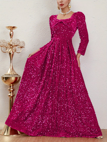 vlovelaw  Sequined Square Neck Bridesmaid Dress, Elegant Bow Front Floor Length Dress For Party & Banquet, Women's Clothing