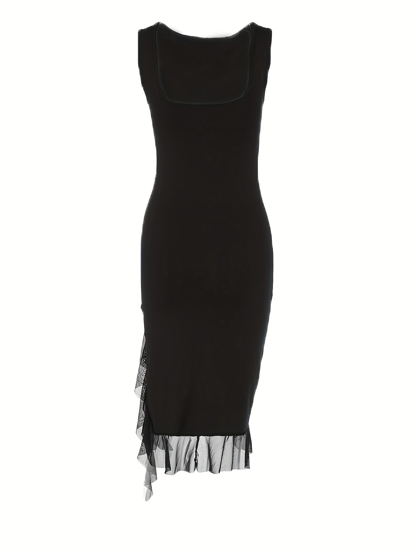 Solid Ruffle Mesh Trim Dress, Elegant Sleeveless Slim Dress For Spring & Summer, Women's Clothing