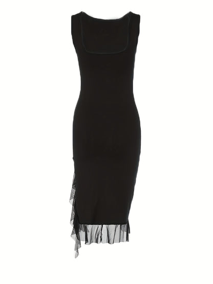 Solid Ruffle Mesh Trim Dress, Elegant Sleeveless Slim Dress For Spring & Summer, Women's Clothing