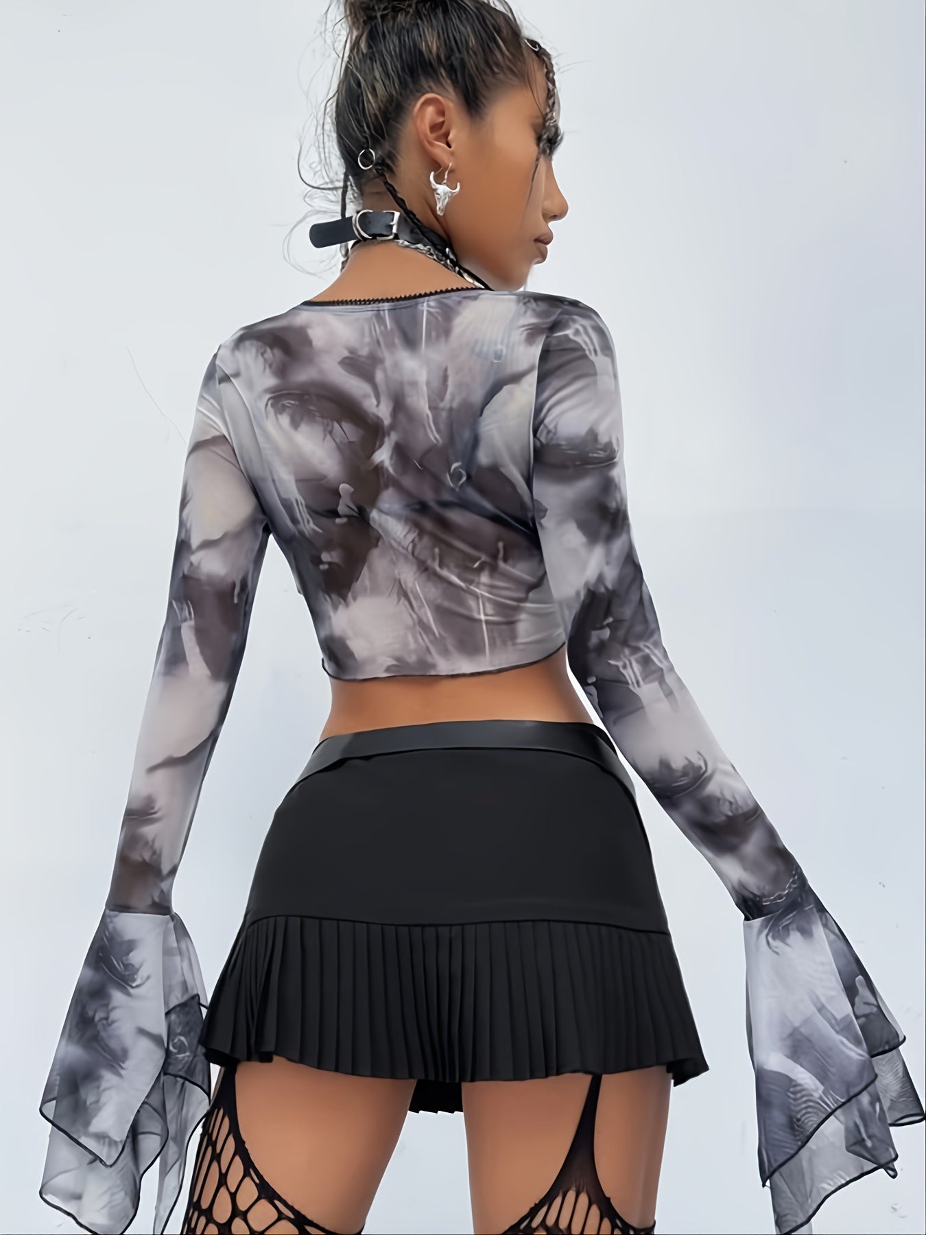vlovelaw  Y2K Mesh Flared Sleeve Crop Top, Sexy Long Sleeve Crew Neck Top, Women's Clothing