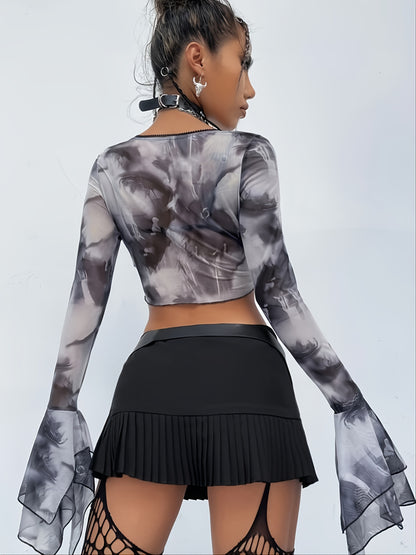 vlovelaw  Y2K Mesh Flared Sleeve Crop Top, Sexy Long Sleeve Crew Neck Top, Women's Clothing
