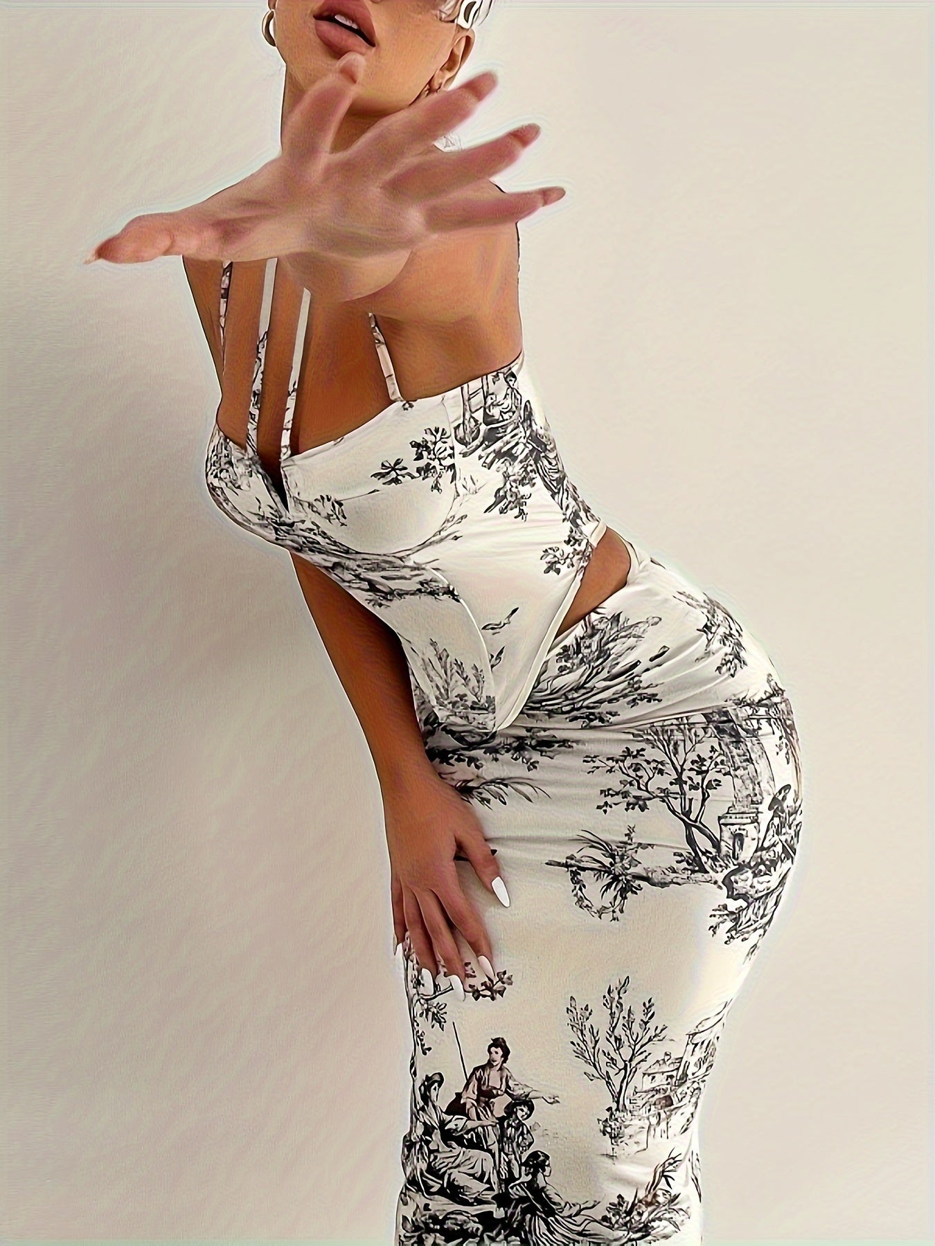 vlovelaw  Graphic Print Matching Two-piece Set, Sexy Sleeveless Top & Bodycon Skirt Outfits, Women's Clothing
