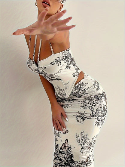 vlovelaw  Graphic Print Matching Two-piece Set, Sexy Sleeveless Top & Bodycon Skirt Outfits, Women's Clothing