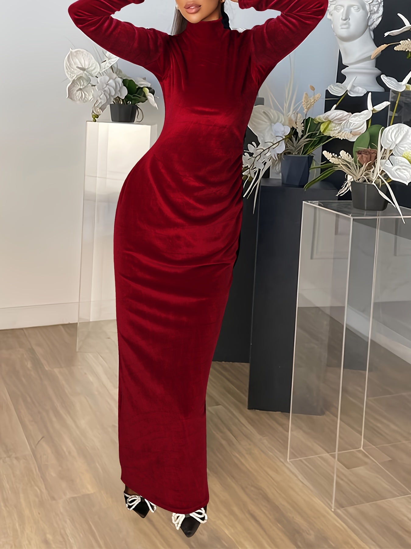 vlovelaw Velvet Mock Neck Dress, Elegant Long Sleeve Ruched Bodycon Dress, Women's Clothing