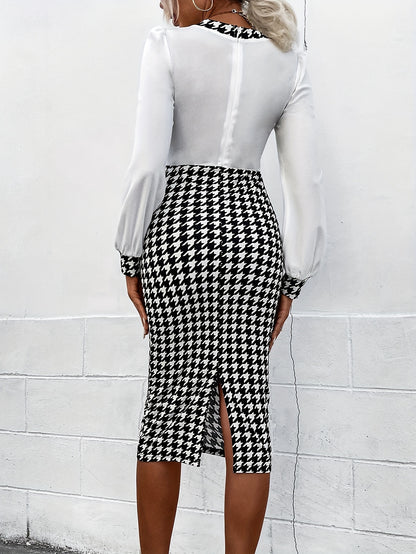 Houndstooth Splice Button Detail Bodycon Dress, Long Sleeve Surplice Neck Elegant Dress, Women's Clothing