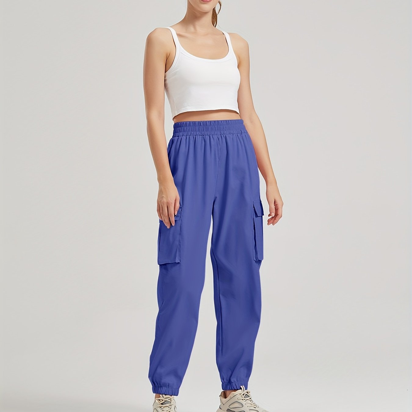 vlovelaw  Solid Color Casual Joggers Sweatpant, Cargo Loose High Waisted Pants With Pockets, Women's Athleisure