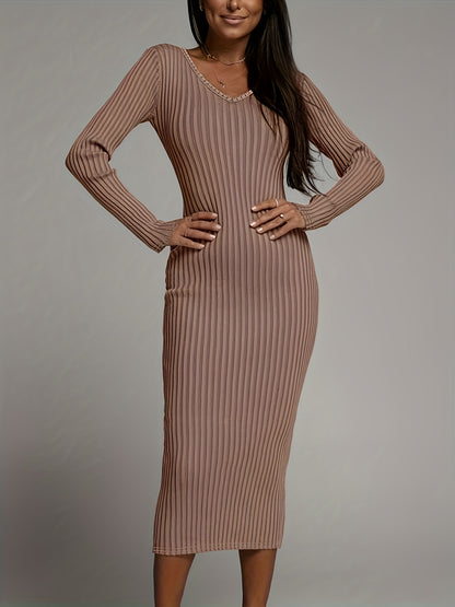vlovelaw Bodycon V-neck Solid Dress, Long Sleeve Dress For Spring & Fall, Women's Clothing