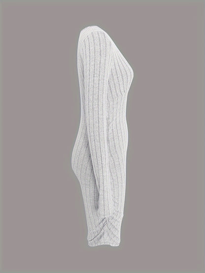 Plunging Ruched Solid Dress, Elegant Long Sleeve Bodycon Dress, Women's Clothing
