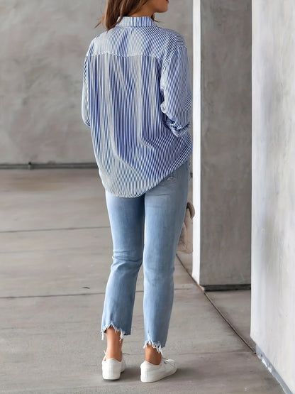 Striped Print Button Front Shirt, Casual Long Sleeve Shirt With Pocket, Women's Clothing
