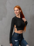 vlovelaw  Backless Drawstring Crop Tee, Y2K Crew Neck Long Sleeve Skinny Tee For Spring & Summer, Women's Clothing