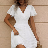 Solid Shirred Waist Dress, Elegant V Neck Flutter Sleeve Dress, Women's Clothing
